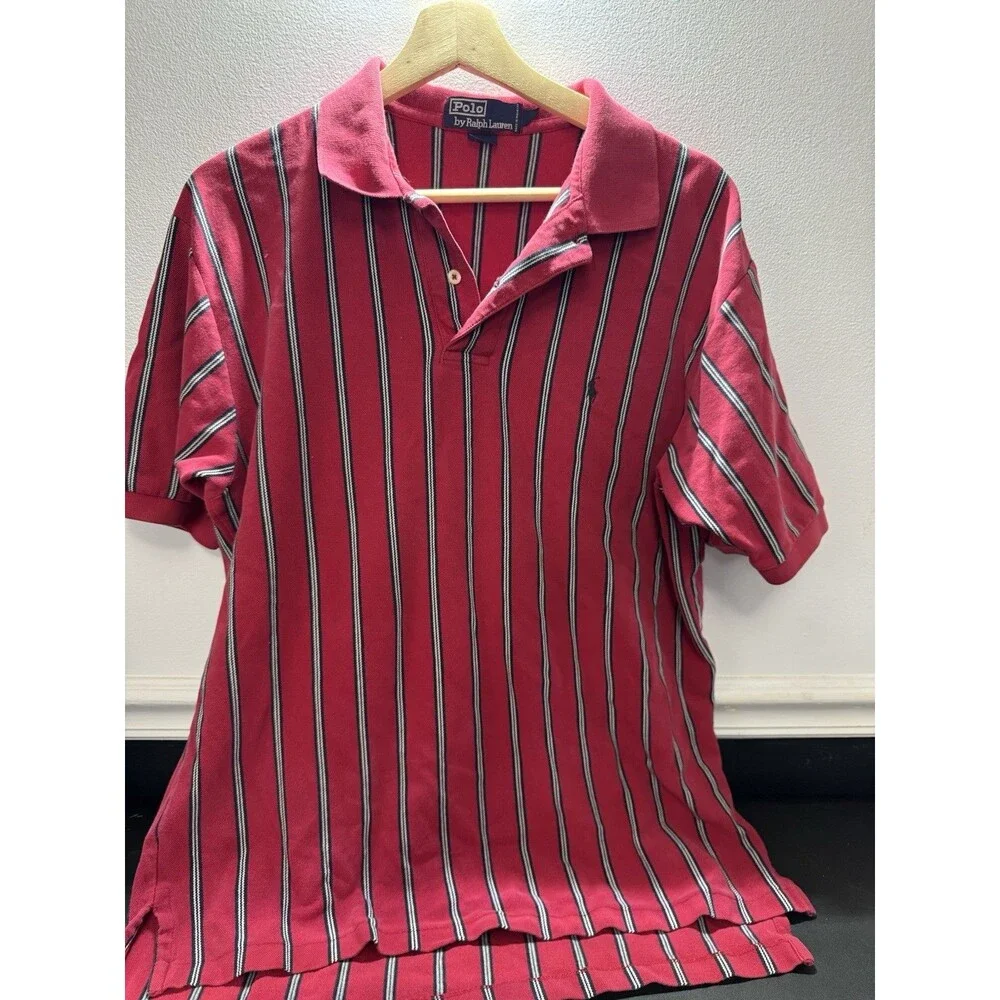 VTG Polo Ralph Lauren Polo Shirt Mens Size Large Red Blue Vertical Striped SS